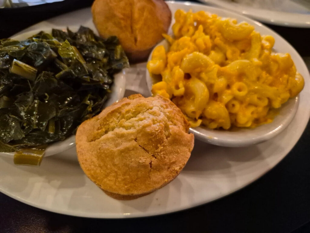 Mac and cheese and collard greens at Daley's Restaurant, oldest restaurant in Chicago, Woodlawn