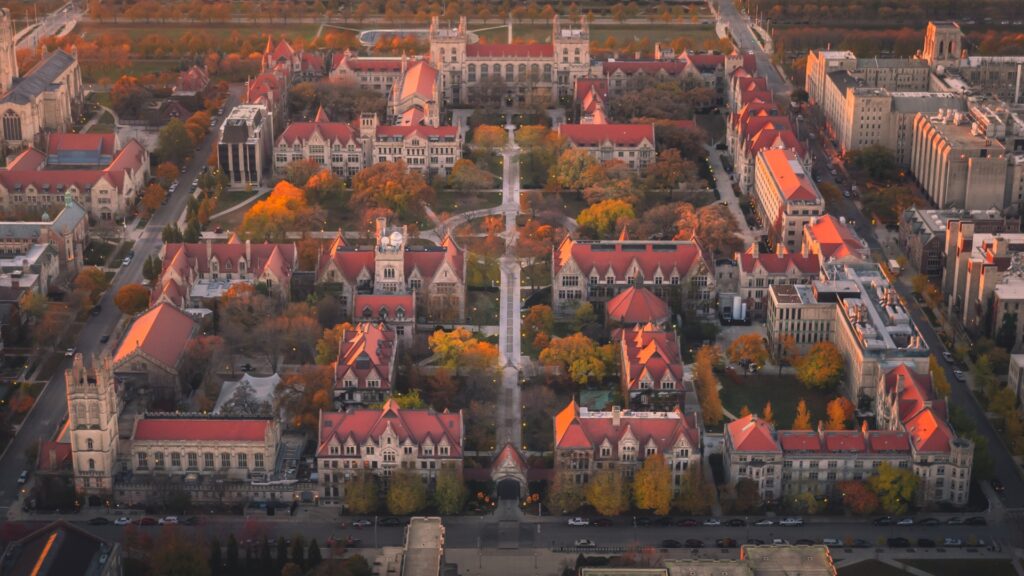 Aerial autumn view of the University of Chicago's Gothic campus and central quad on Chicago's South Side