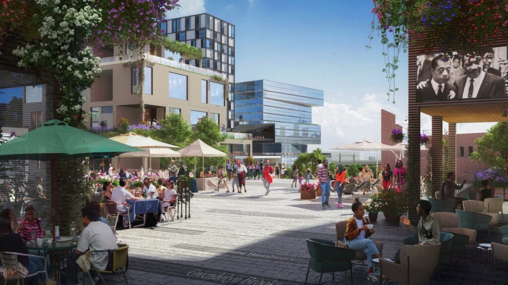 Architectural rendering of a future Woodlawn Central community plaza with outdoor seating, greenery, and residents gathering.