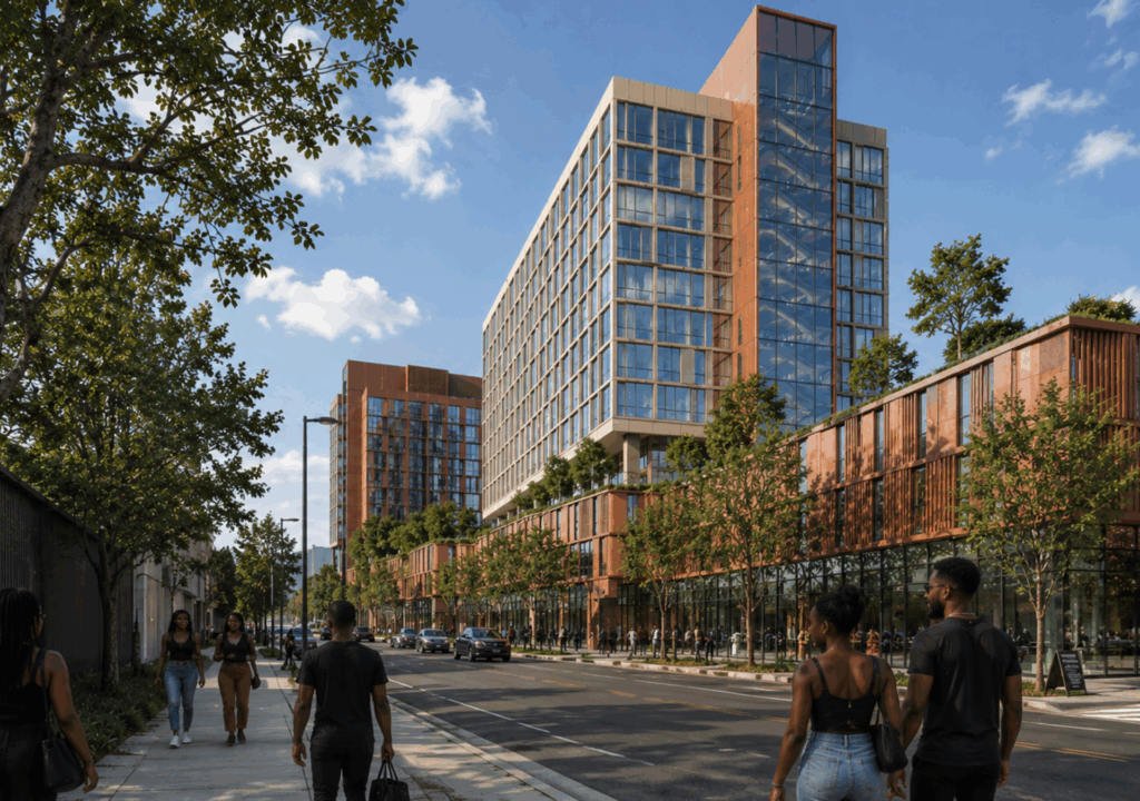 Architectural rendering of Woodlawn Central's planned residential towers and street-level retail, with pedestrians walking along the street