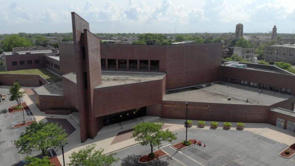 Aerial view of the Apostolic Church of God building in Woodlawn, Chicago